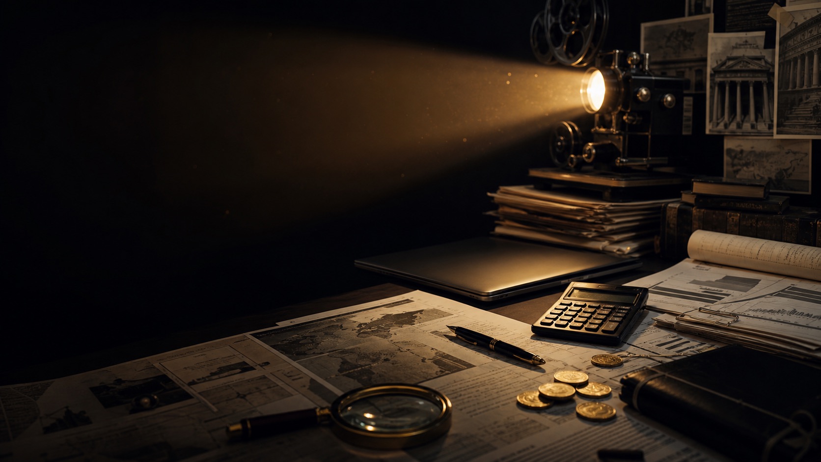 A cinematic investigative desk with financial documents, charts, coins, and projector light
